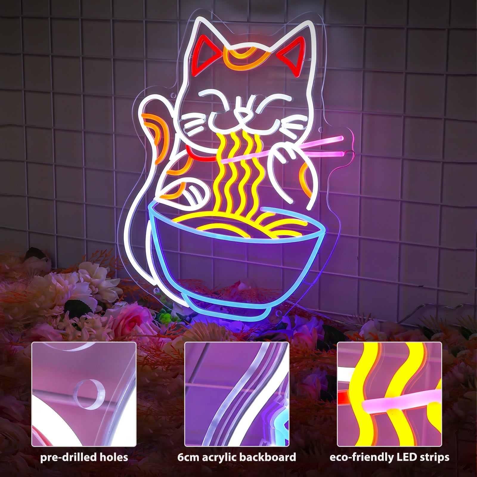 MinIeoh Fortune Cat Ramen Neon Sign,Large Japanese Noodles LED Light,Anime Lucky Cat Signage 3D Art Wall Decor For Restaurant Kitchen 20inches
