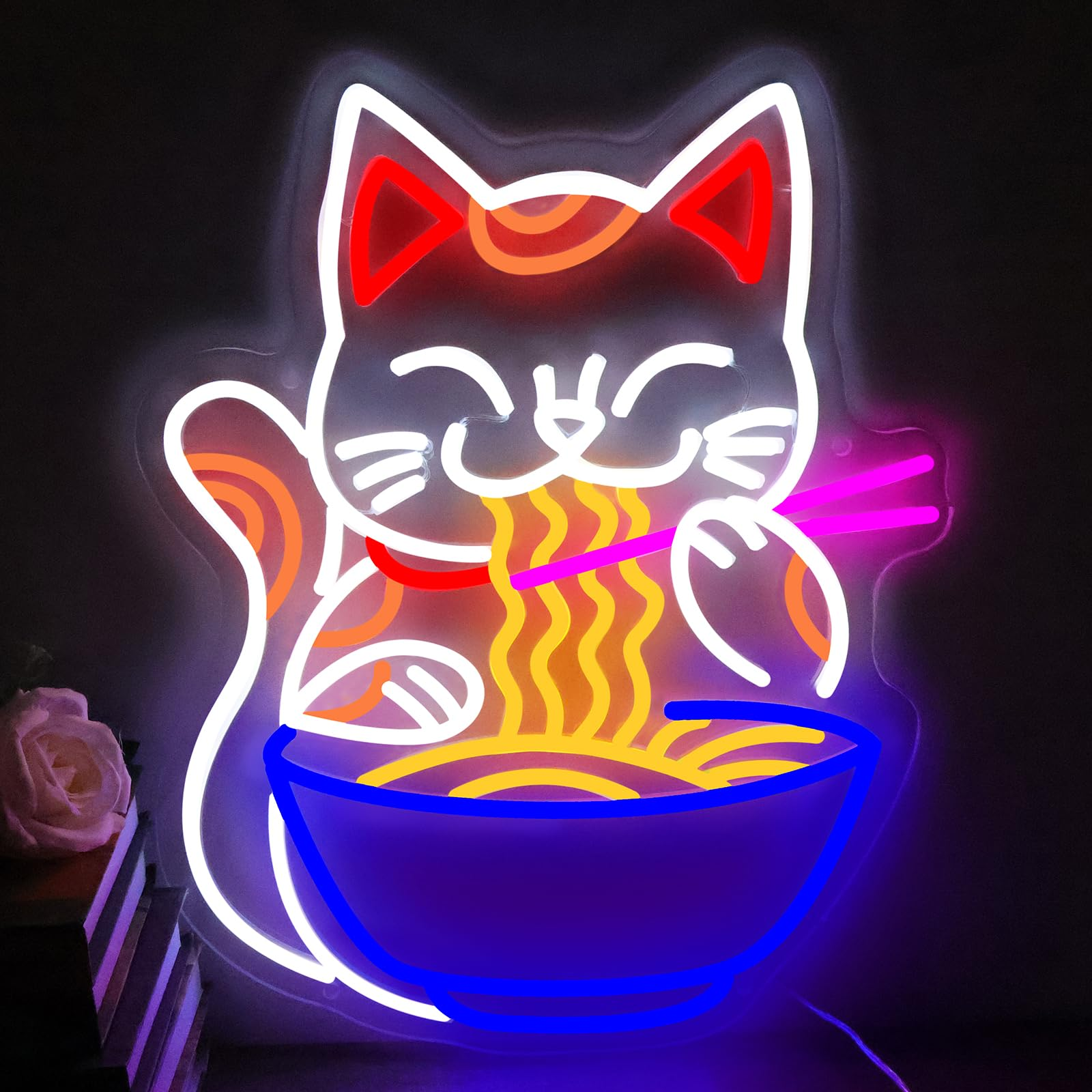 MinIeoh Fortune Cat Ramen Neon Sign,Large Japanese Noodles LED Light,Anime Lucky Cat Signage 3D Art Wall Decor For Restaurant Kitchen 20inches
