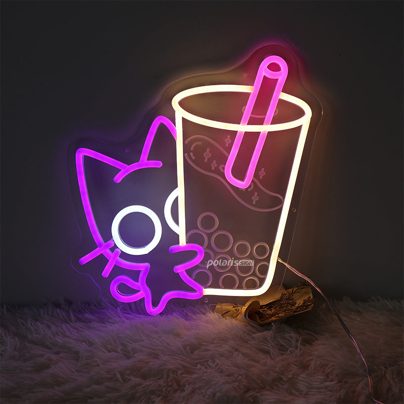 Cat With Bubble Tea Cup Led Neon Sign